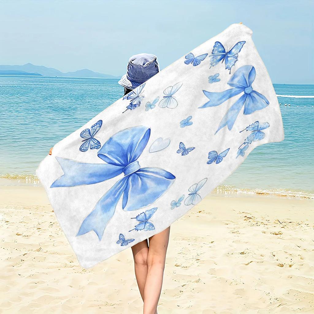 1pc Beautiful Blue Bow Beach Towel - Soft, Ultra-Absorbent Microfiber, Lightweight, Perfect for Beach, Parties, Travel, Camping