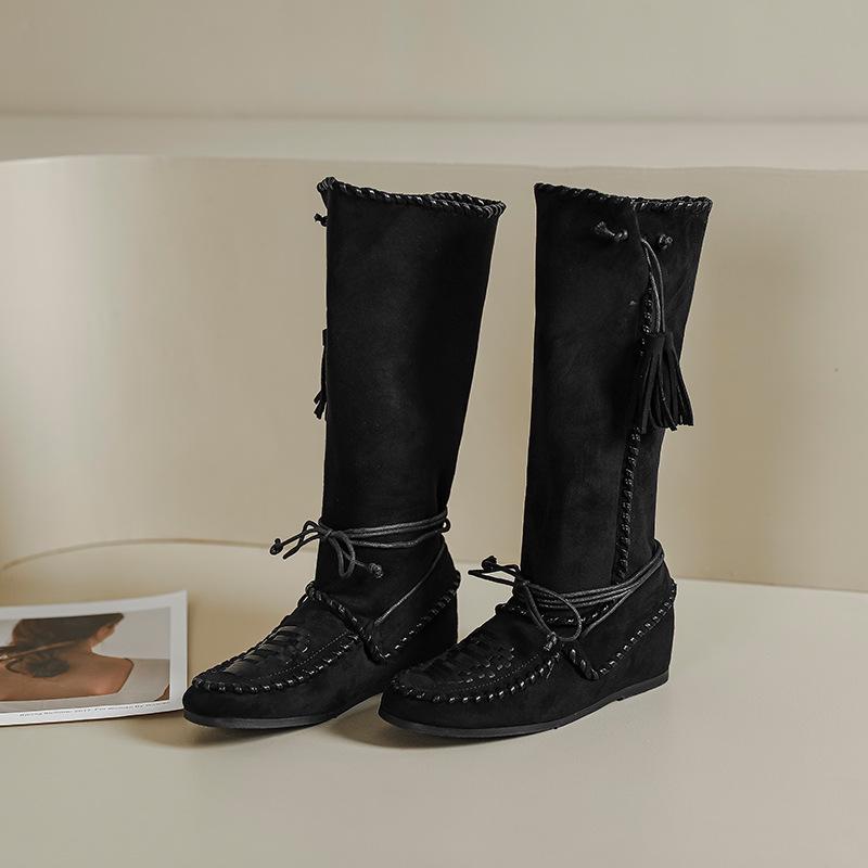 Bohemian Style Mid-Calf Cowboy Boots with Lace-Up Foldable Design, Women's Slimming Slouch Boots.