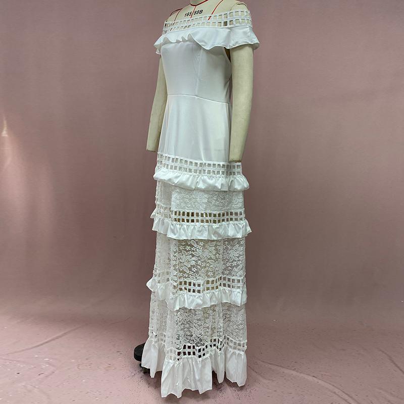 Cross-border Summer New European and American Foreign Trade Women's Dress Flounce Hollowed-out Lace Dress