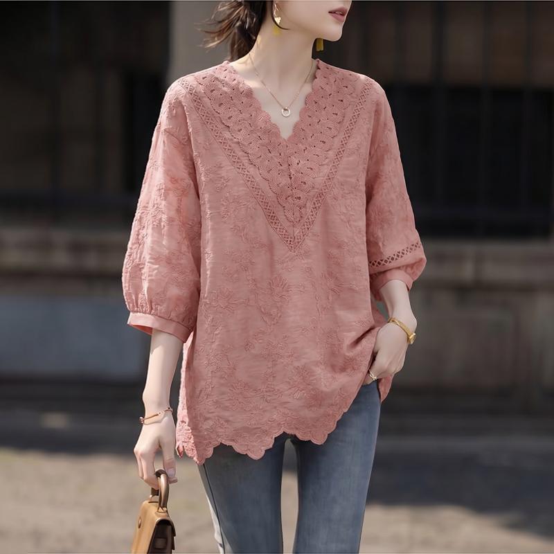 ZANZEA Women Hollow Lace Splice V-Neck Loose Casual 3/4 Sleeve Blouse