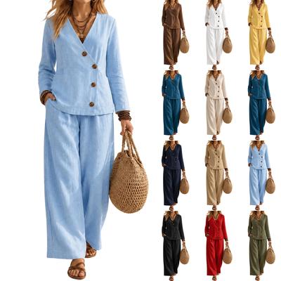 Women's V-Neck Button Long Sleeve Top and Wide Leg Pants Two-Piece Set Color Casual Suit