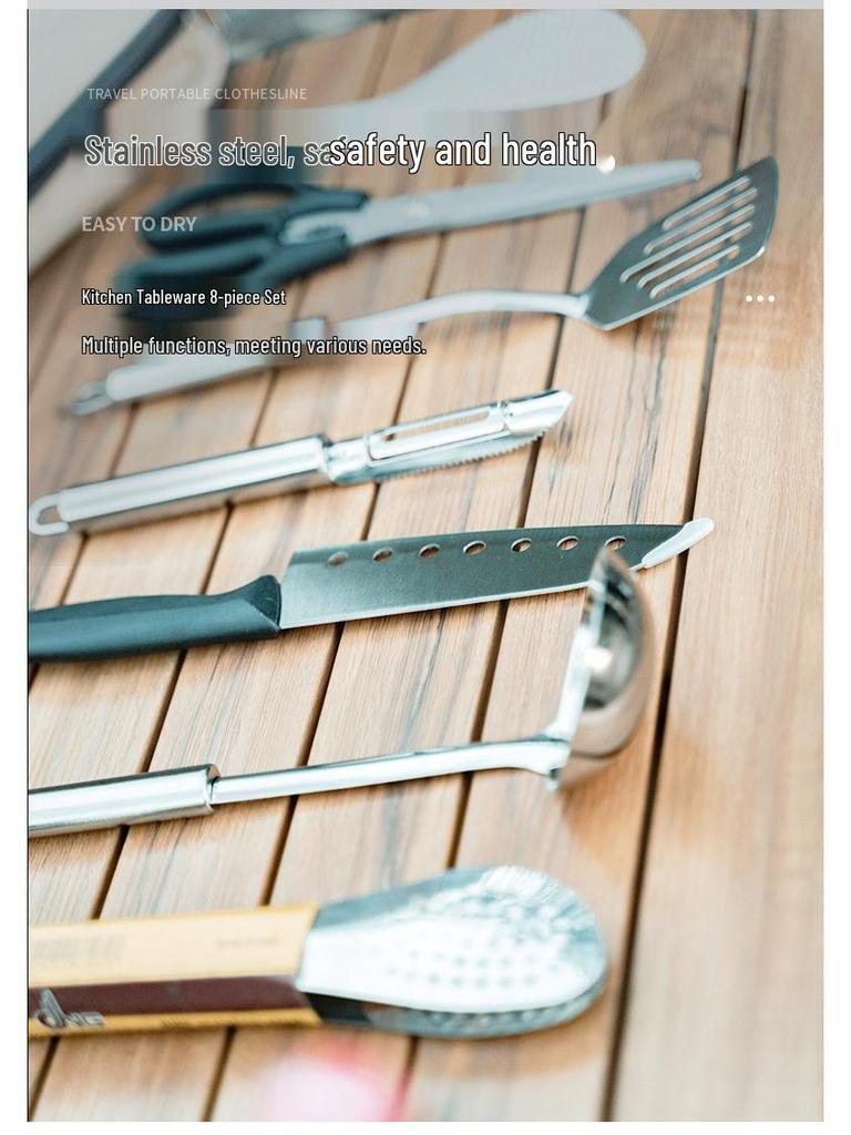 Portable Outdoor Cookware Set: Stainless Steel Cutlery, Storage Bag, and Cutting Board for Camping and Picnics.