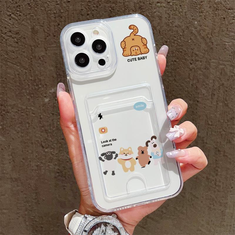 Card Slot Holder Silicone Wallet Pocket Case For Oppo Reno 10 14F 13F 12F Samsung A06 A16 A36 A56 Redmi Note 13 Honor X6A X6B Cover Clear Phone Bumper