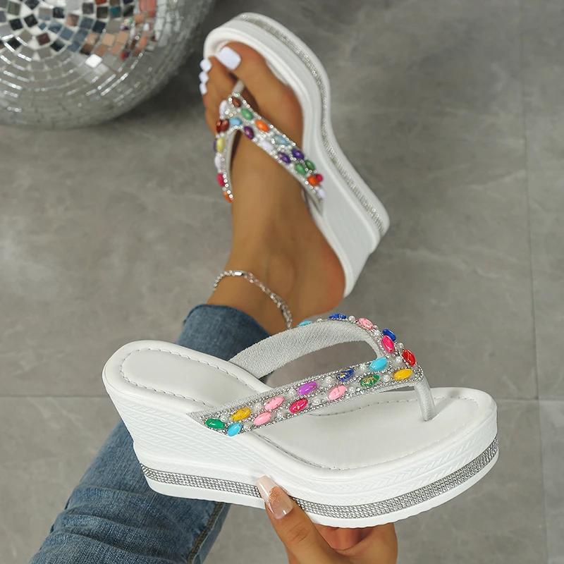 Fashion Colored Rhinestone Chunky Wedges Flip Flops Women Super High Heel Clip Toe Sandals Woman Plus Size Platform Thick Bottom Sandles