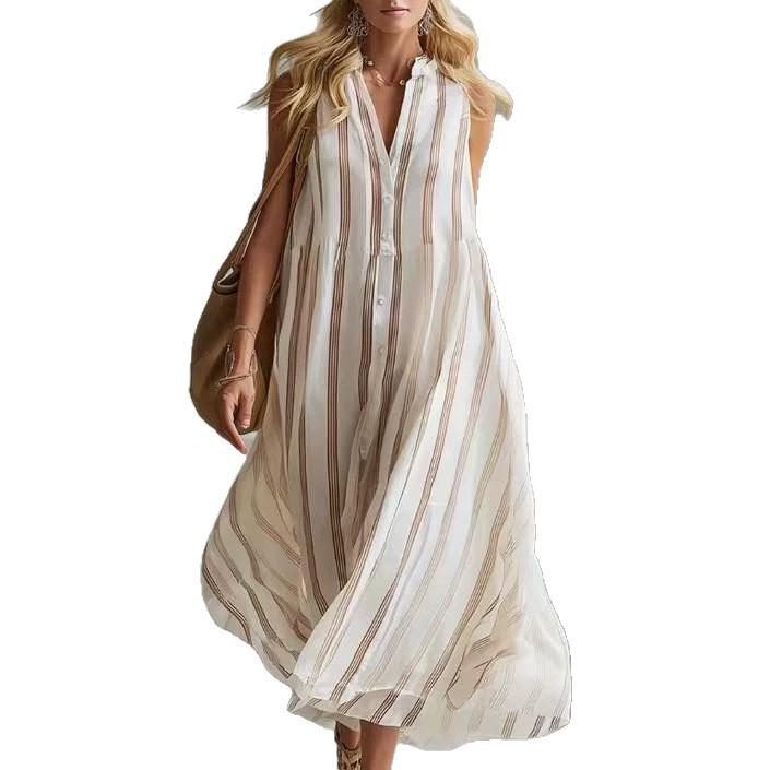 European and American new long dress Bohemian elegant striped sleeveless V-neck dress women