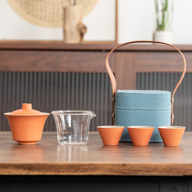 Light Luxury Travel Tea Set Cover Bowl Kuaike Three Cups Outdoor Portable Handbag High-end Ceramic Glass Tea Maker Gift