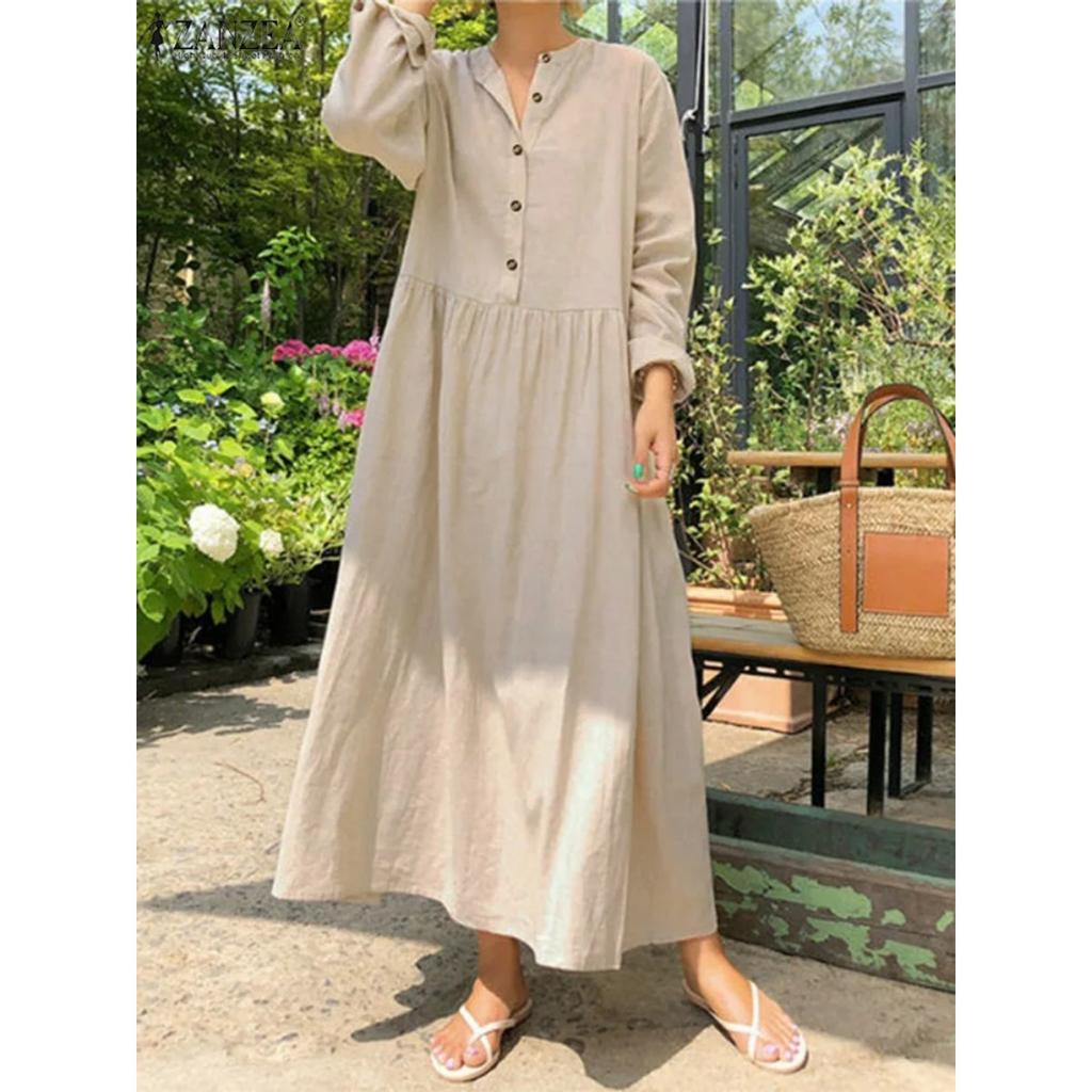 Women's Elegant Solid Cotton Robe Femme Maxi Dress Casual Long Sleeve Shirt Dresses Oversized