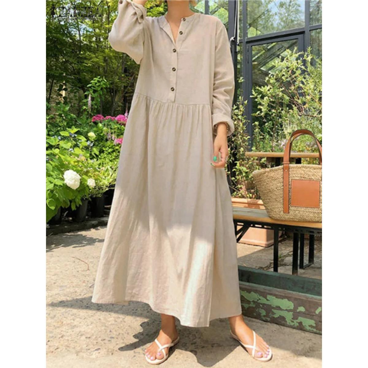 

Women s Elegant Solid Cotton Robe Femme Maxi Dress Casual Long Sleeve Shirt Dresses Oversized M