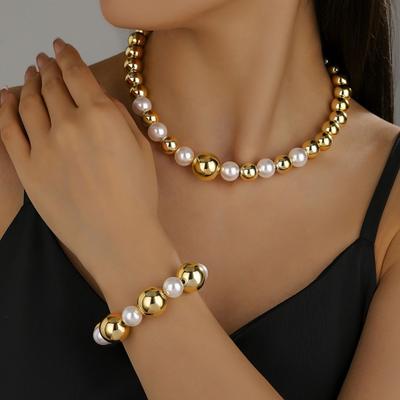 1 Sada Náhrdelník z imitovaných perel Náramek Retro Punk Styl Korálkový Choker Náhrdelník Kovový Zlatý Korálkový Náramek Dámské Šperky na Párty Rande