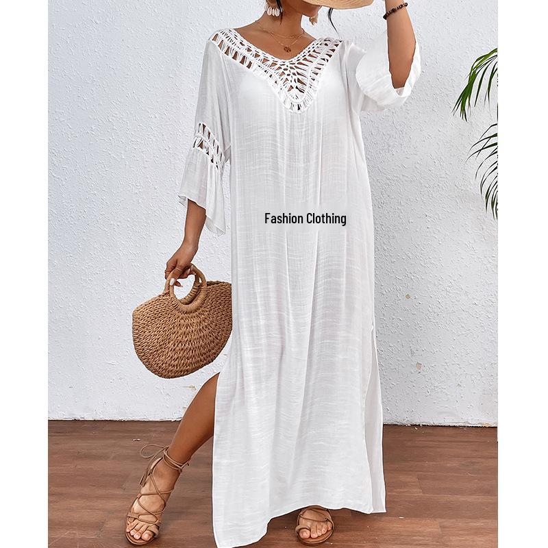 

Трансграничное европейское и американское женское платье ручной вязки пэчворк-шар свободного кроя для пляжа - Сексуальный дизайн с открытой спиной и ажурным узором One Size белый