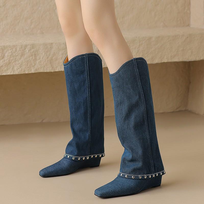 Punk Designer Western Boots Trouser Pants Boots Riveted Wedge Heels Cowboy Knee High Boots Plus Size Leather Women's Shoes 34-42