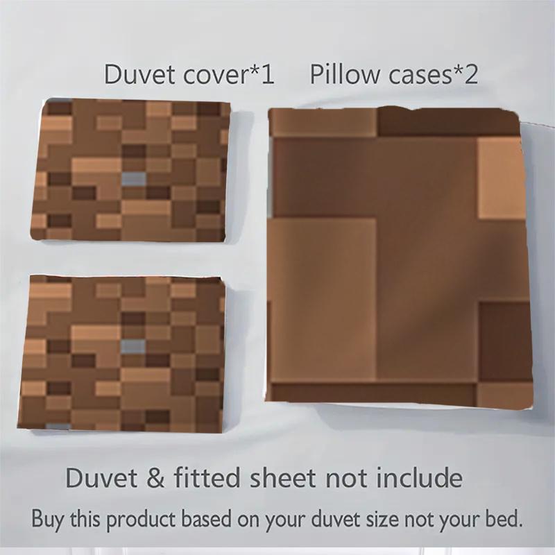 3pcs Minecraft Inspired Earthy Brown and Green Pixelated Patterned Bedding Set-Perfect for Home Decor, Bedroom, Living Room, Hotels, Gifts,