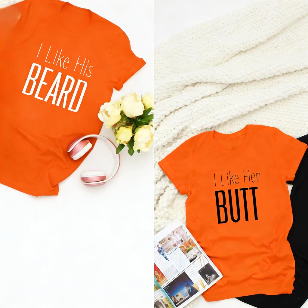 Ihr Hintern Ich mag seinen Bart Lustiger Einfacher Buchstabendruck T-Shirt Oberteile Valentinstagsgeschenk für Paare Niedlich Passend Normal Kurzarm
