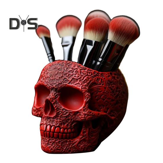 Makeup Brush Holder Skull Shape Large Capacity Makeup Brush Container Sturdy Resin Construction Storage Organizer