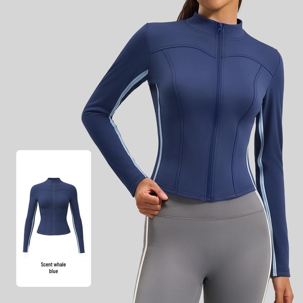 Women's Autumn & Winter Stand-up Collar Yoga Jacket, Waist-cinching Slim Fit, Long-sleeve, Outdoor Sports, Double-stitched Color-block Design.