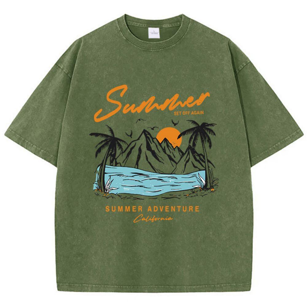 Fashion Women'S Cotton Washed T-Shirts Summer Adventure Sunset Printing Tops Oversize O-Neck Soft Short Sleeve Female Clothes