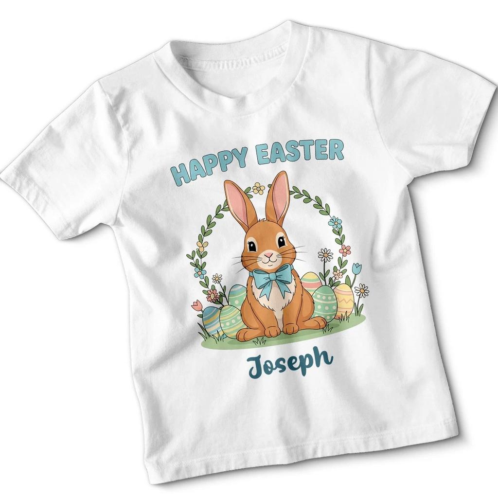Personalised Kids White Cotton Tshirt Boys Easter Bunny With Eggs And Name