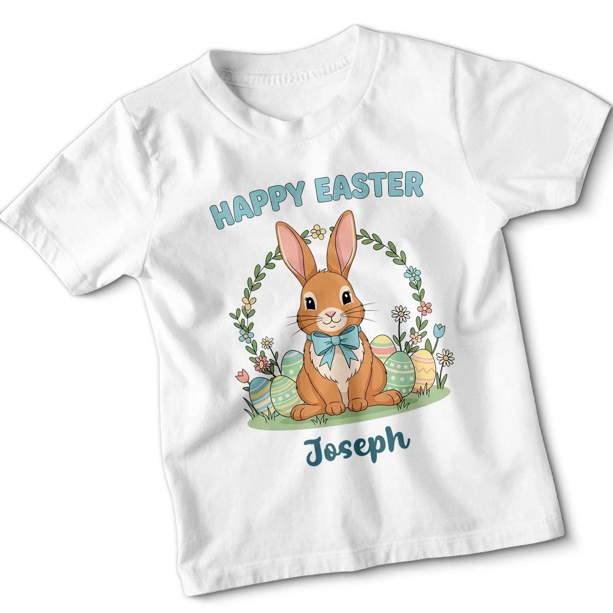 Personalised Kids White Cotton Tshirt Boys Easter Bunny With Eggs And Name XL