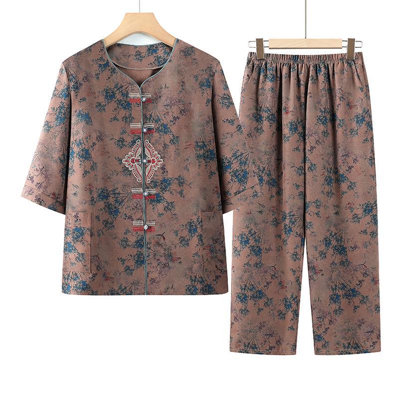 Chinese Style Short-Sleeve Two-Piece Set for Middle-Aged and Elderly Women - Spring/Summer Wear