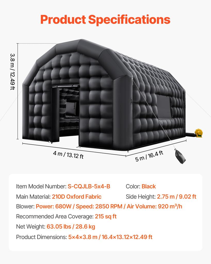 VEVOR Inflatable Nightclub, 5 x 4 x 3.8 m Inflatable Party Tent with 680W Blower & Sandbag, Ventilated Blow up Night Club with 2 Windows