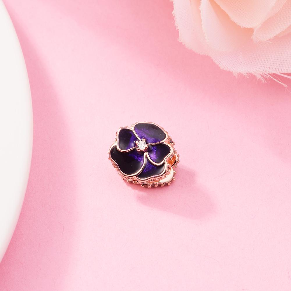 2022 New 925 Sterling Silver Deep Purple Pansy Flower Charm Beads Fits Europe Bracelet Women DIY Jewelry Making Accessories