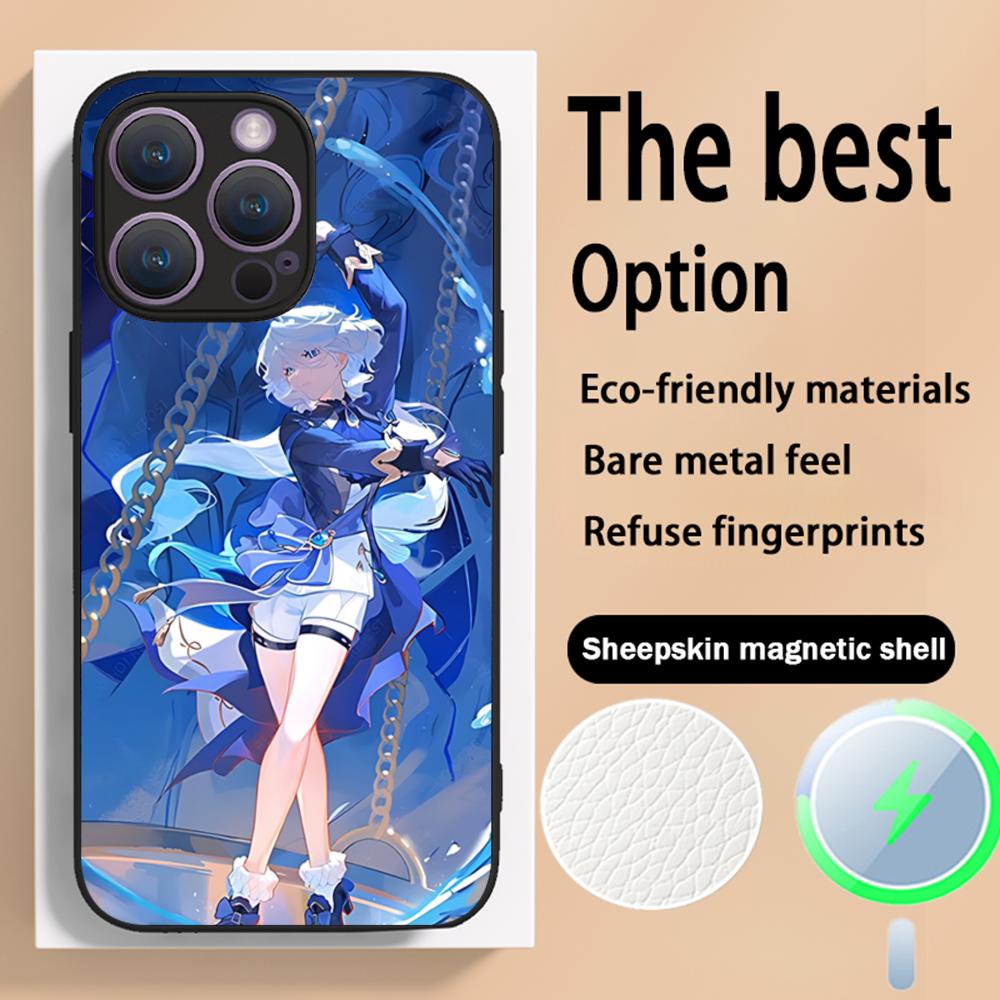 Genshin Furina game girl pattern Phone Case For iPhone 16 15 14 13 12 11 Plus Pro Max High-end Luxury Magsafe Sheepskin