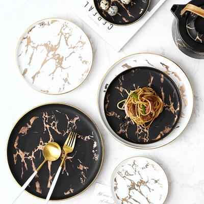 Nordic Salata Tabağı Altın Kaplama Yemek Tabağı Mermer Desenli Biftek Tabakları Ev Otel Seramik Yemek Tabakları Tepsi Damla