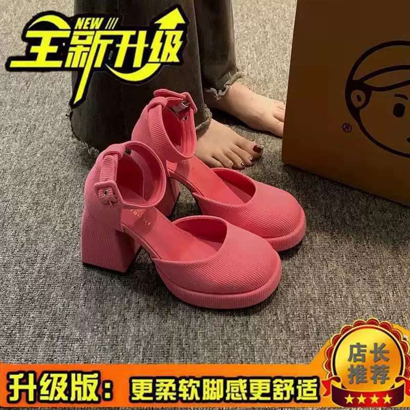 Small high-heeled thick-heeled Mary Jane shoes women's waterproof table hollow bag head sandals spring 2025 new pink