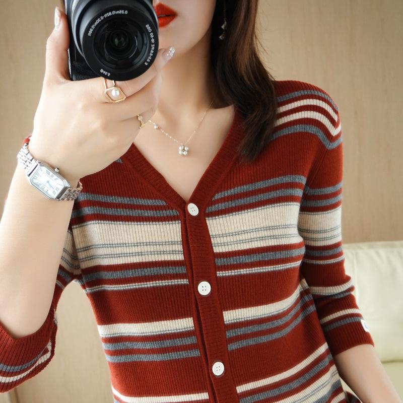 Women S Striped Knit V Neck Cardigan Long Sleeve Casual Outerwear