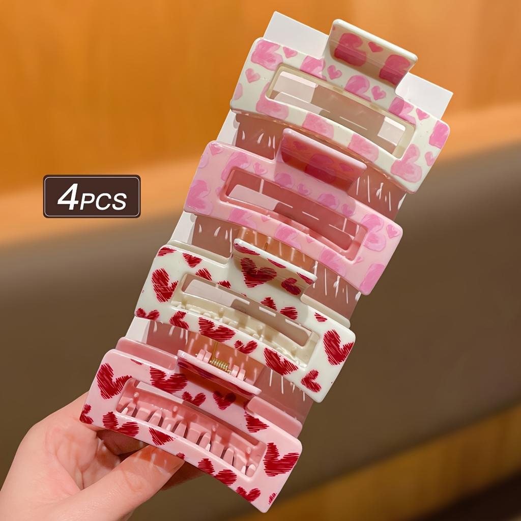 Set da Donna 4 pezzi, Rosa, Alla moda ed Elegante, Carino, Accessori per Capelli per San Valentino, Fantasia a Cuori, Pinza per Capelli Quadrata Media, Adatto