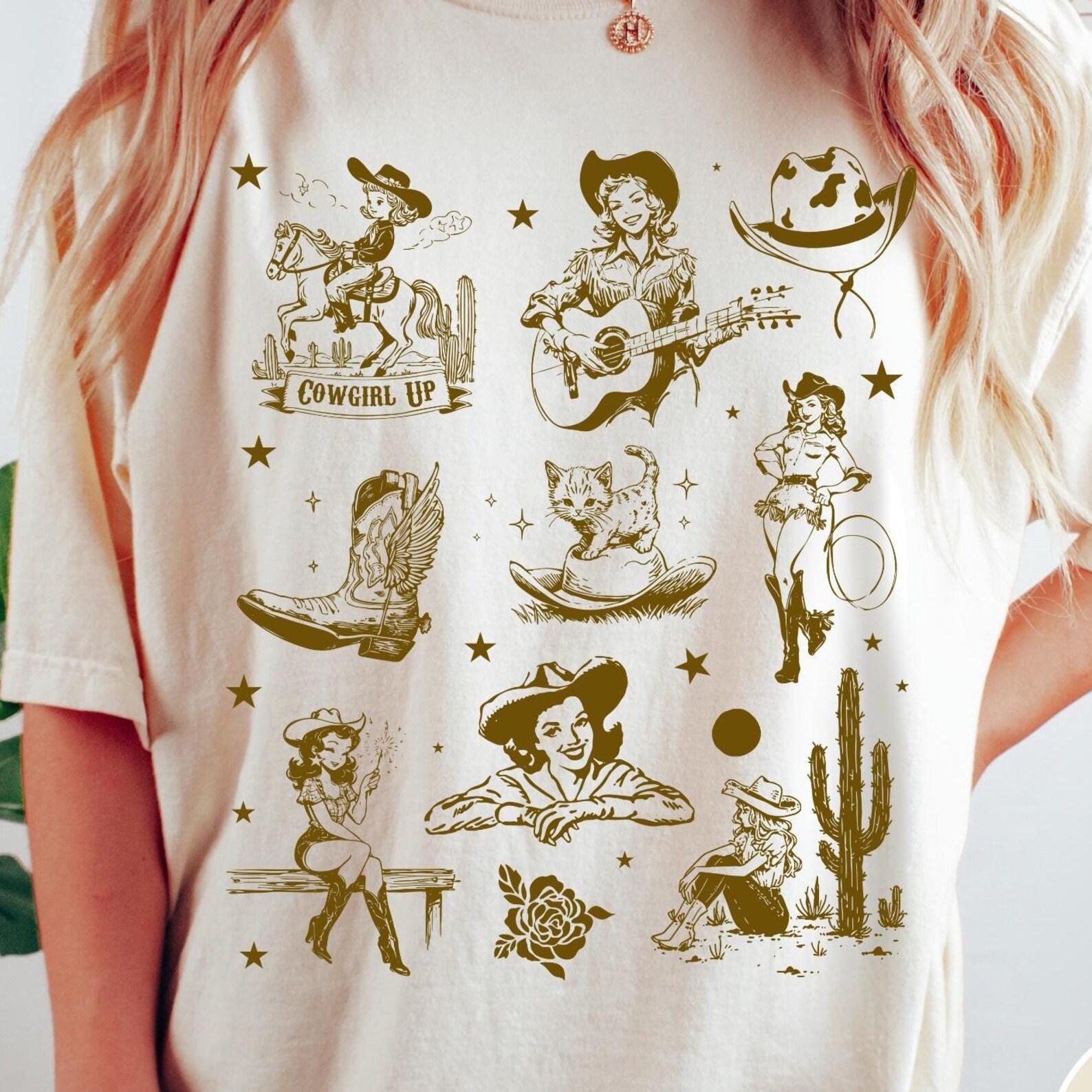 Retro Western Cowgirl Comfort Colors® Shirt, Vintage Cowgirl Pattern T-Shirt, Retro Rodeo, Cute Country Western Aesthetic Oversized Tee S