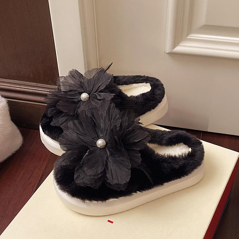 Korean Version of Mesh Wool Slippers Women's 2025 Summer and Autumn New Flower Outer Slippers One-word Flat Cotton Slippers