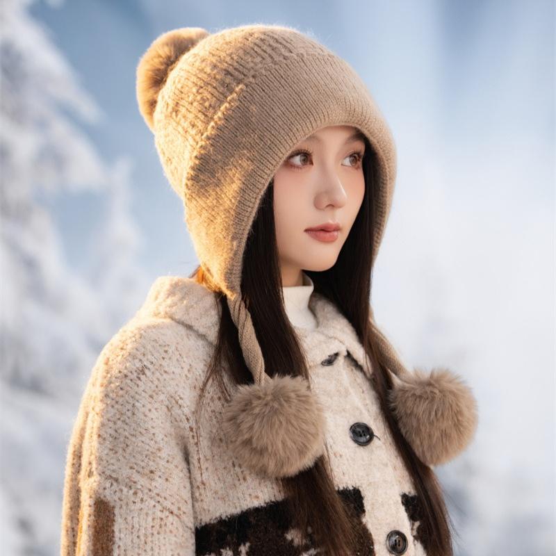 New Rabbit Fur Knitted Warm Hat Autumn and Winter Fleece Thickened Ear Protection Face Fleece Fleece Hat Women's Cold Protection Hat