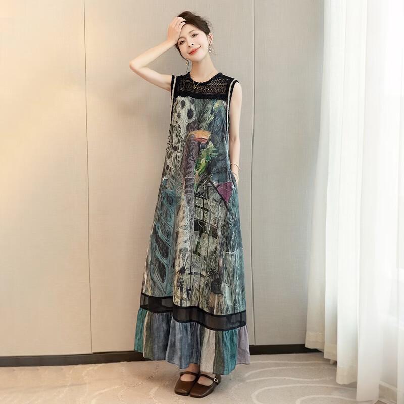 Women's Printed Sleeveless Lyocell Linen Blend Maxi Dress