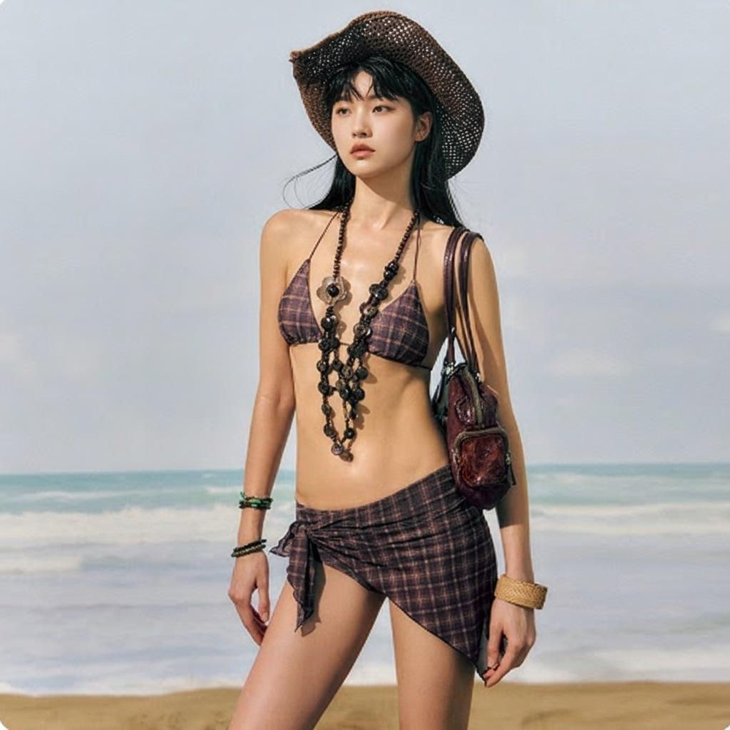 Women s swimsuit small breasts split retro plaid tether three-point split bikini small breasts hot spring swimsuit sexy S