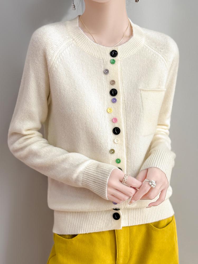 Colorful Button Cardigan: Spring Fashion, Versatile Round Neck, Long Sleeve Knit for Women
