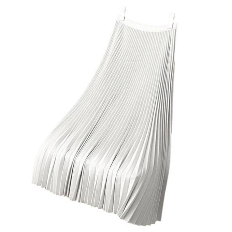 Women Vintage Midi Skirt Wide Elastic Waistband High Waist Pleated A-Line Skirt Solid Color Smooth Satin Long Skirt