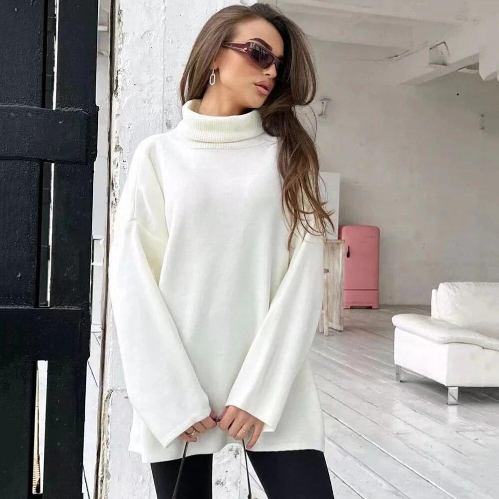

Женские базовые свитера, свободные водолазки, осень-зима 2023, мягкие теплые джемперы с длинными рукавами и повседневным вязаным топом, свитер оверсайз, пуловер, женский пуловер One Size белый