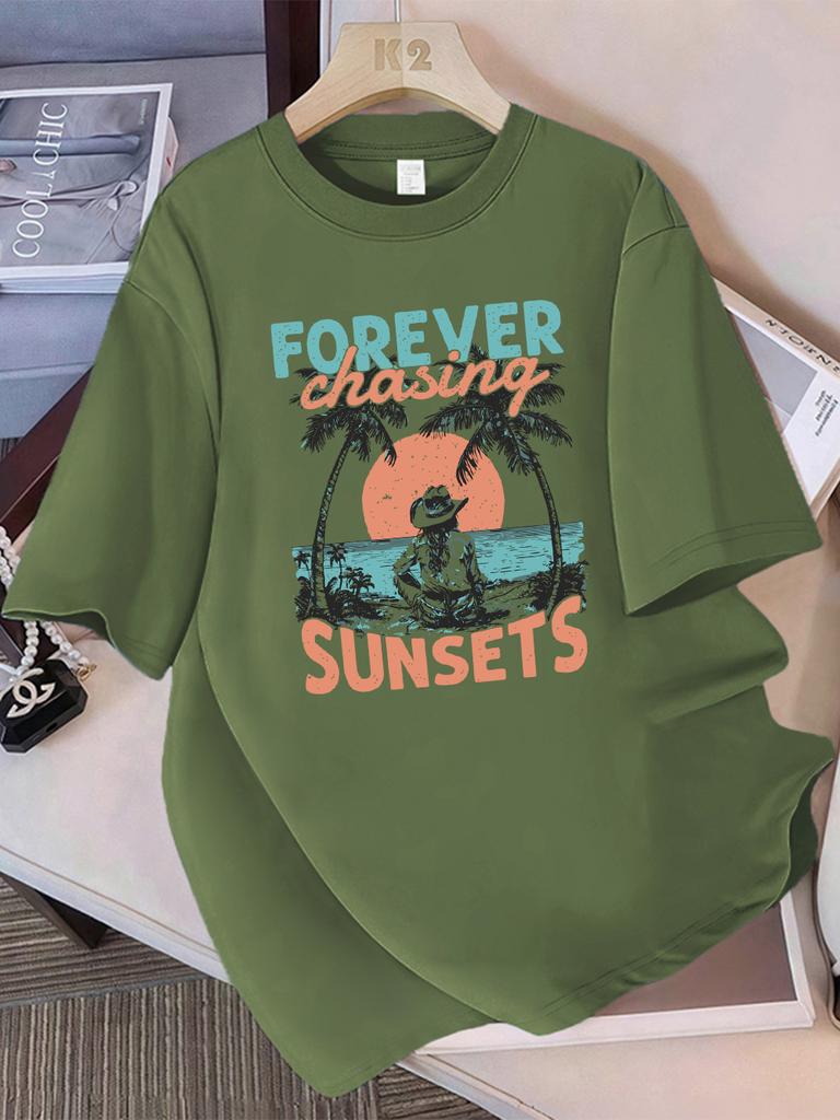 Summer T-Shirts Cotton Womens Forever Chasing Sunsets Cowgirl Printing Short Sleeve Comfortable Soft O-Neck Tops Basic Clothes
