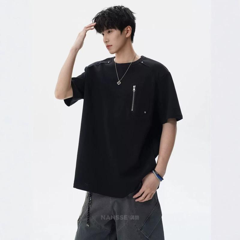 Men Crew Neck Short Sleeve T Shirt With Zip Pocket Loose Fit Casual Daily Tops