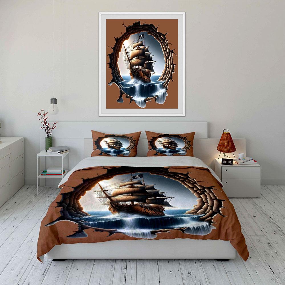 Pirate Ship Wall Art Set Soft Comfortable Duvet Cover Bedding Set Included 1*Duvet Cover & 2*Pillowcases, Gift