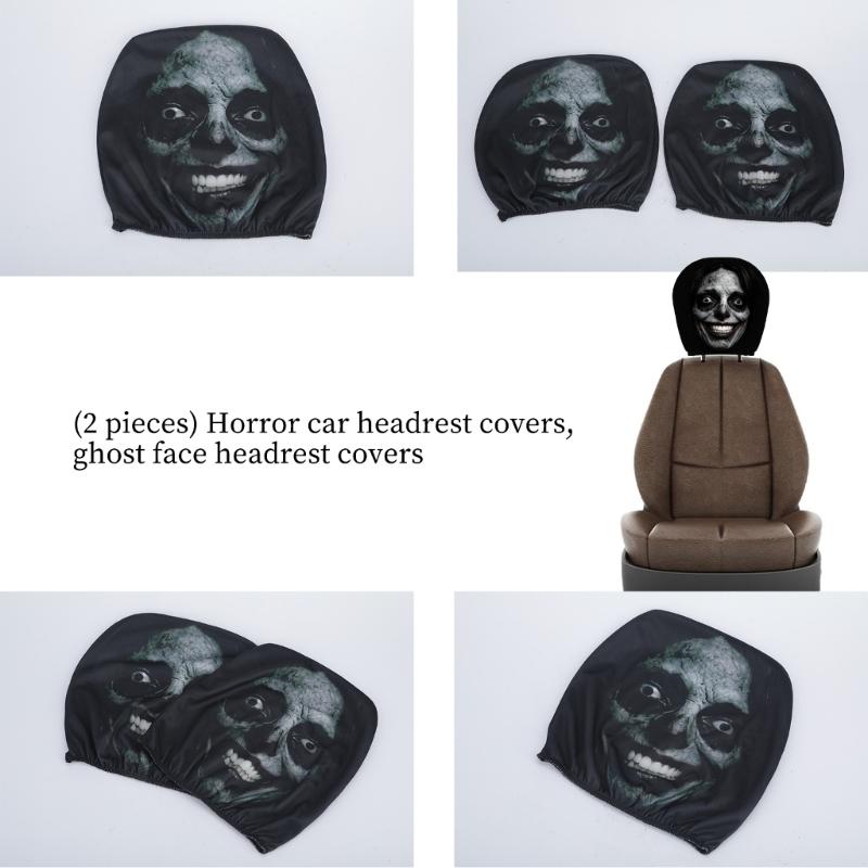 Vehicle Headrest Cover Set with Dark Print Halloween Theme, 2 Piece Polyester Pull-On Headrest Sleeve for Spooky Seat Styling Use