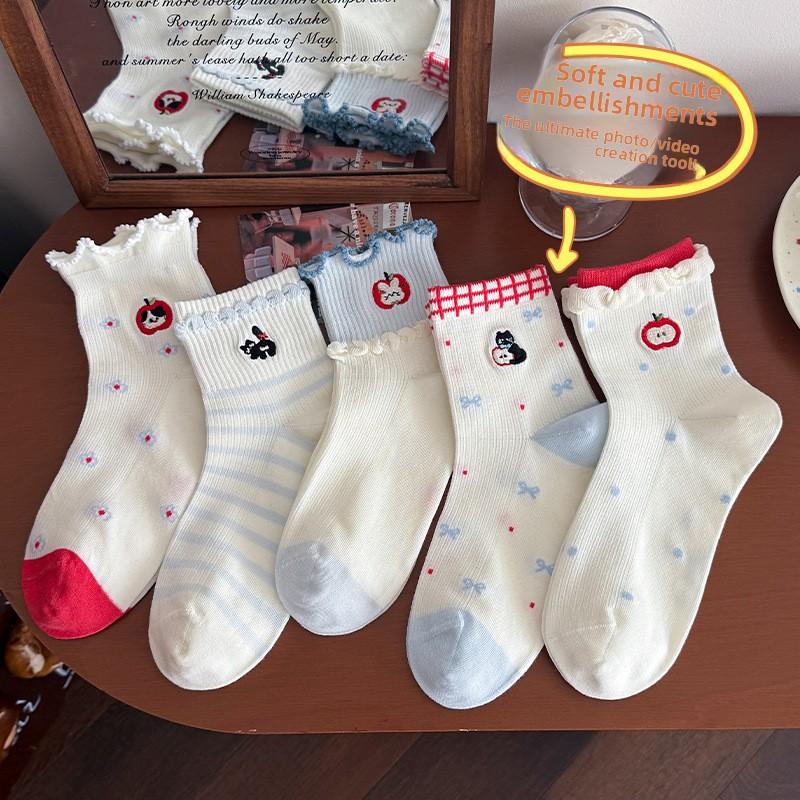 Cute Cartoon-style Children's Summer Light-weight Ankle-length Socks with Lace and Polka Dots, Without Bones, Made of Soft Cotton.