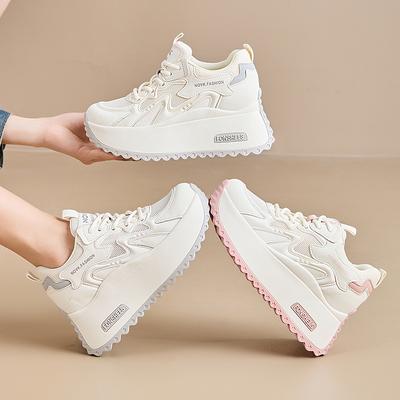 Breathable Mesh Shoes Thick Sole Women's Casual Shoes with Inner Height Increase White Shoes