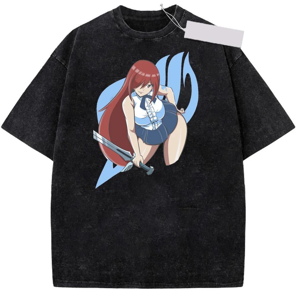 Japanese hot Anime Fairy Tail Erza Scarlet Washed Tshirt personality Clothes Oversized Unisex Year round Couples high quality L