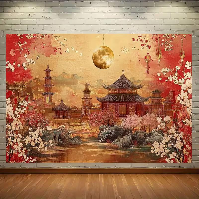 Traditional Chinese Garden Background Cloth for Mid-Autumn Festival