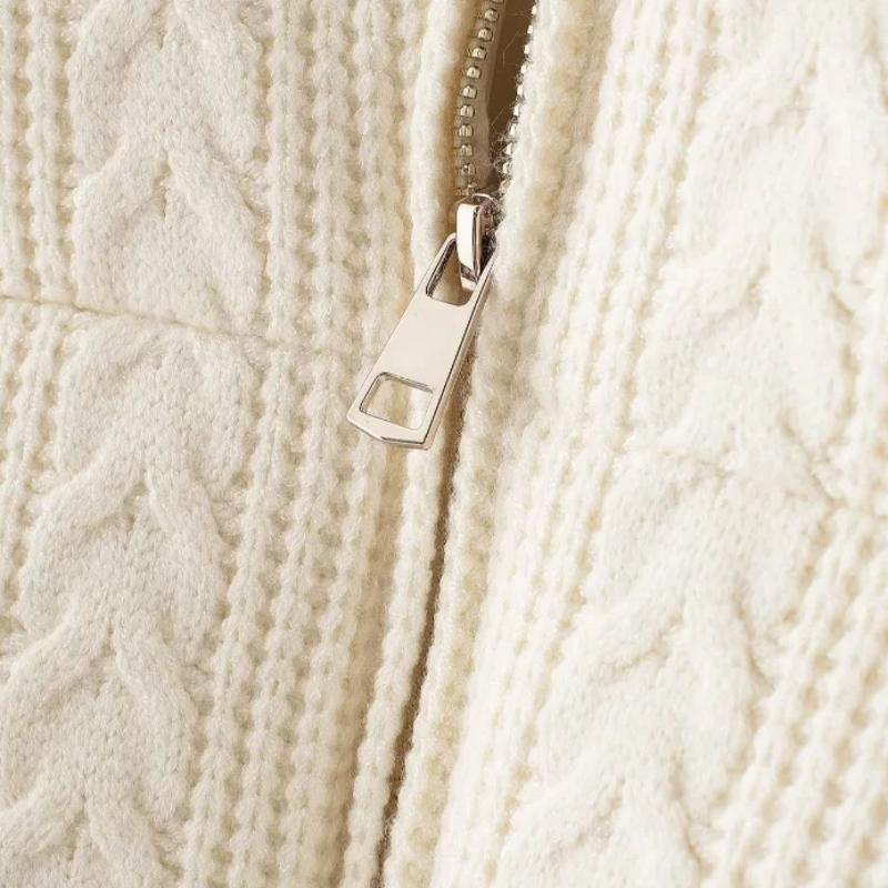 Damen Reißverschluss Verdicken Mantel Strick Frittierte Teigstangen Winter Lässig Stehkragen Jacke Langarm Warm Einfarbig Oberbekleidung mit Tasche Neue Mode