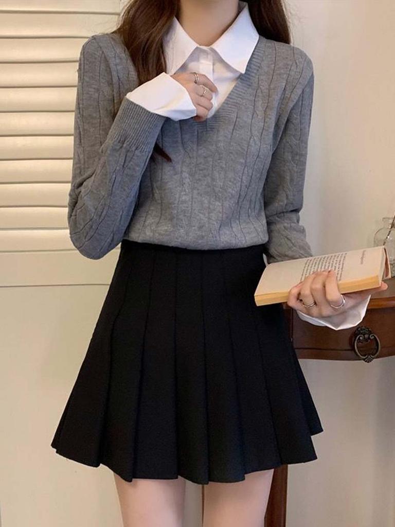 Women's Knitted Sweater Autumn Winter Shirt Collar Sweater Long Sleeved Top Fashion Clothing