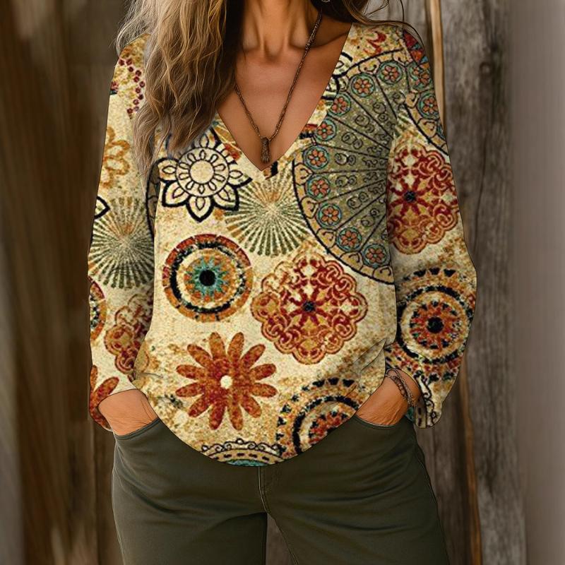 2025 New Women's Casual Long Sleeve V-Neck Regular Digital Printed Women's Tops T-Shirt