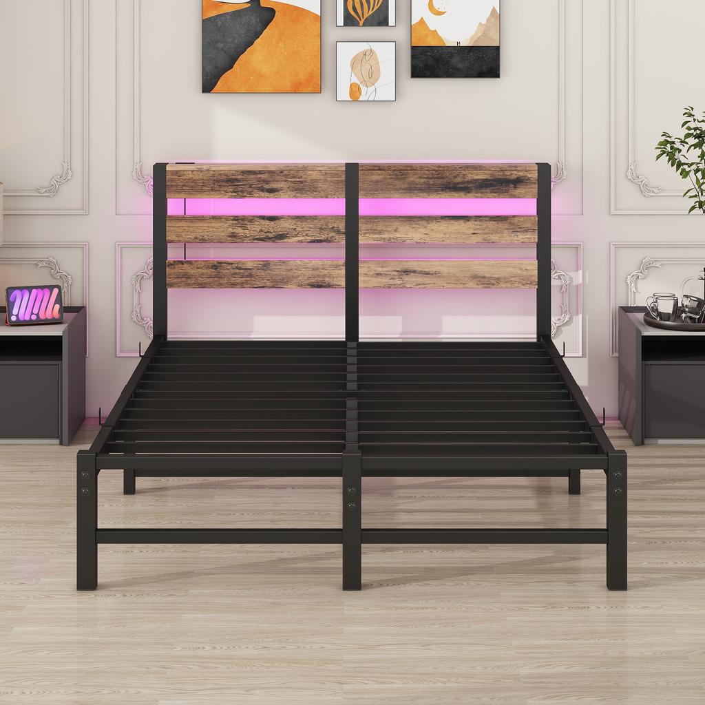 120x200 Bed Frame with LED Lighting and USB Charging Station, Metal Bed Frame Without Mattress, with Storage Under the Bed